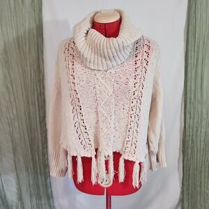 Fate White Long Sleeve Tassles Turtle Neck Woman's Sweater Size M